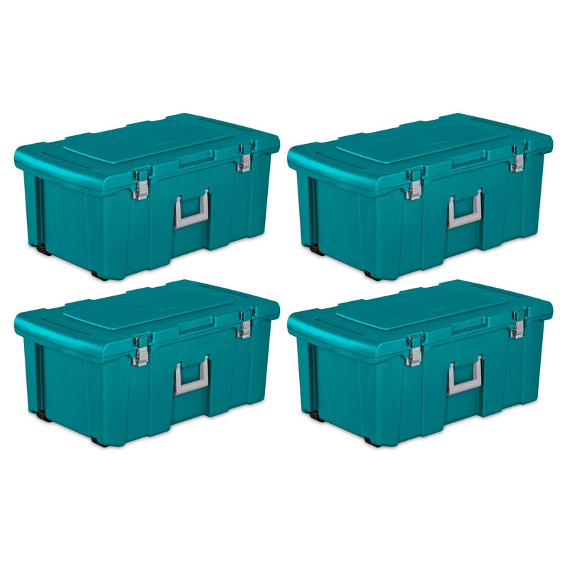 Sterilite 16 Gal Lockable Footlocker Toolbox Container w/ Wheels, Teal (4 Pack)