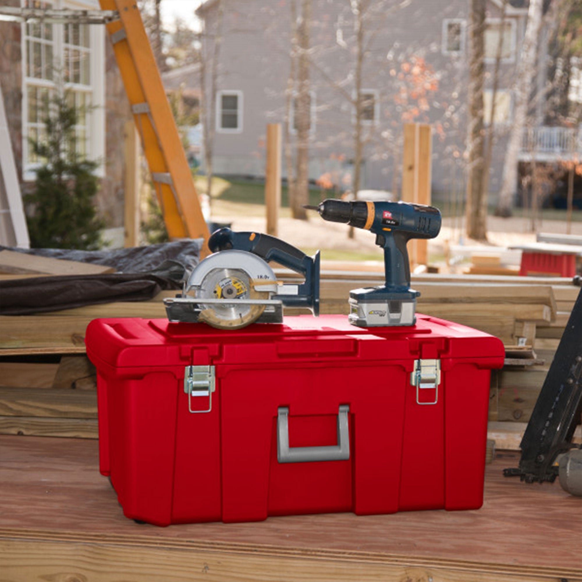Sterilite Wheeled Footlocker, Plastic Utility Lockable Storage Container, Red - VMInnovations