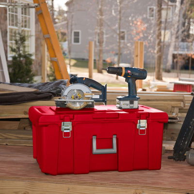 Sterilite Wheeled Footlocker, Plastic Utility Lockable Storage Container, Red - VMInnovations