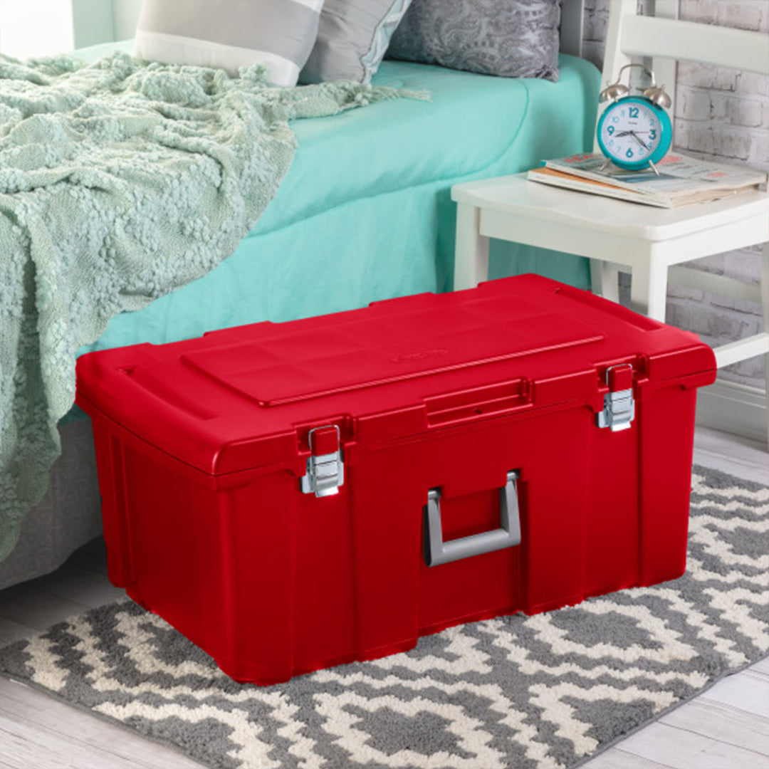 Sterilite Wheeled Footlocker, Plastic Utility Storage Container, Red, 2 Pack