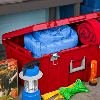 Sterilite Wheeled Footlocker, Plastic Utility Lockable Storage Container, Red - VMInnovations