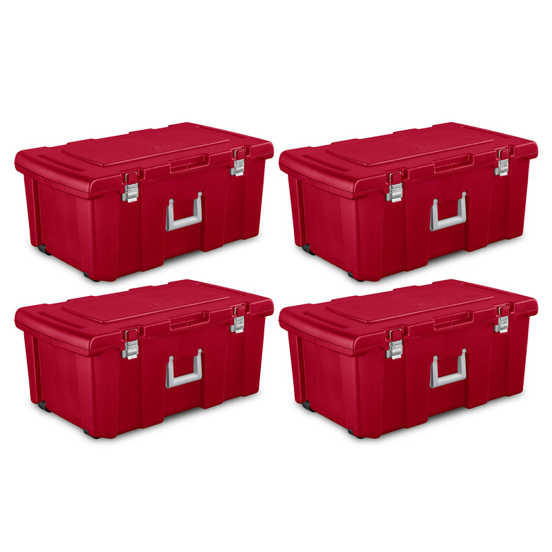 Sterilite 23 Gallon Footlocker Toolbox Container w/ Wheels, Infra Red, 4 Pack