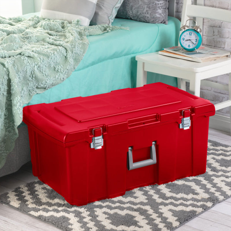 Sterilite Wheeled Footlocker, Plastic Utility Storage Container, Red, 4 Pack