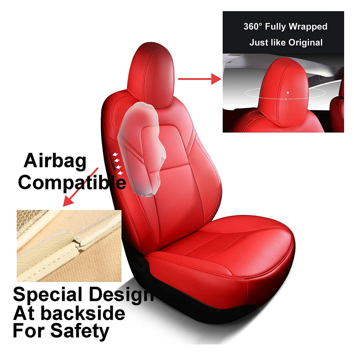 Inch Empire Tesla Model 3 Synthetic Leather Seat Cover & Cushion Protector, Red