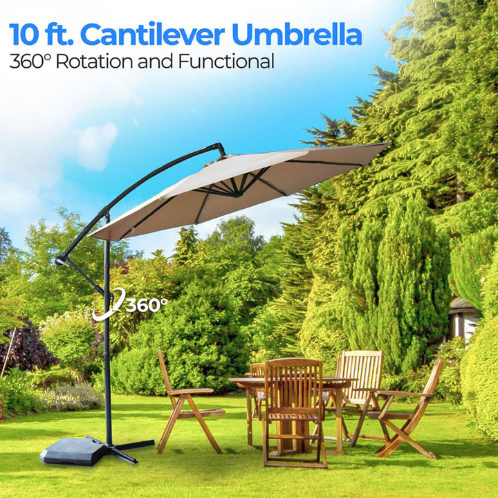 Serenelife 10 Foot Hanging Patio Umbrella with Push Button Tilt, Crank and Base