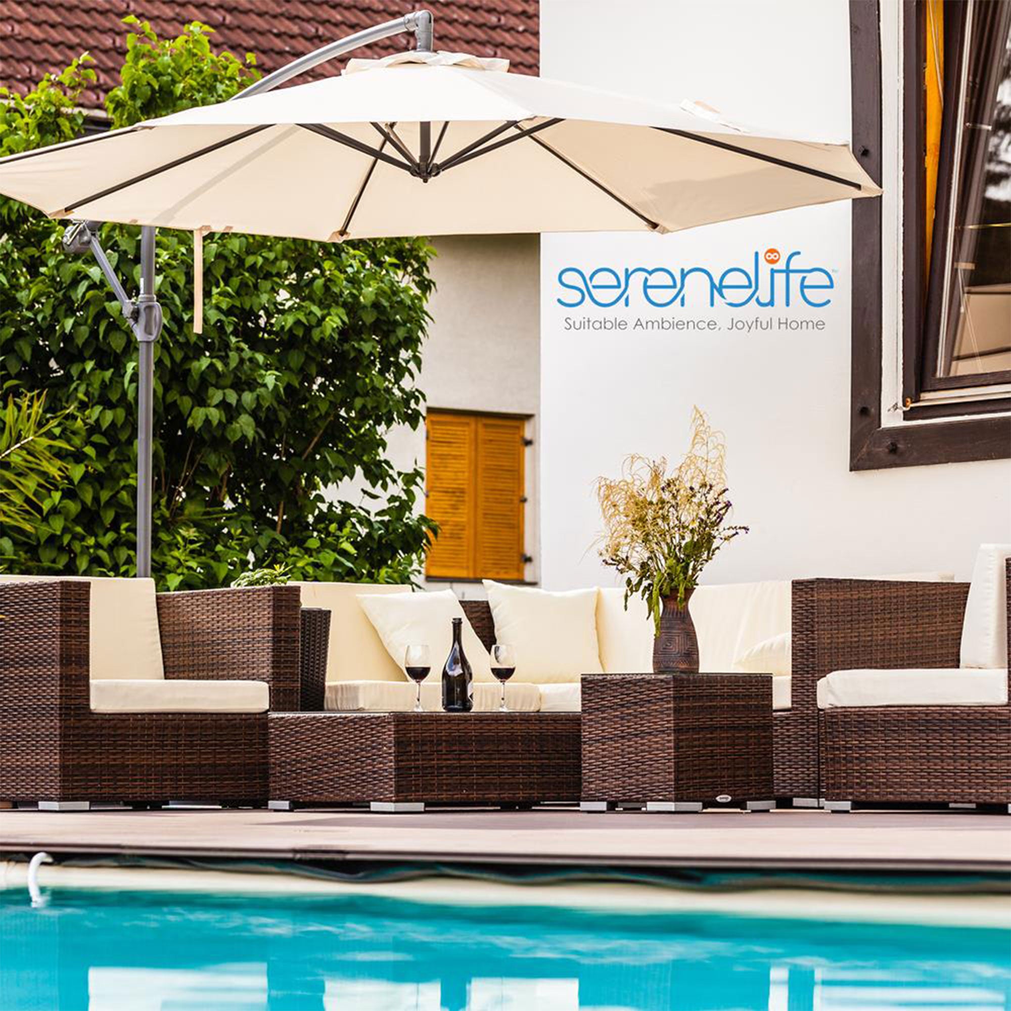 Serenelife 10ft Hanging Umbrella w/Push Button Tilt, Crank & Base (Open Box) - VMInnovations