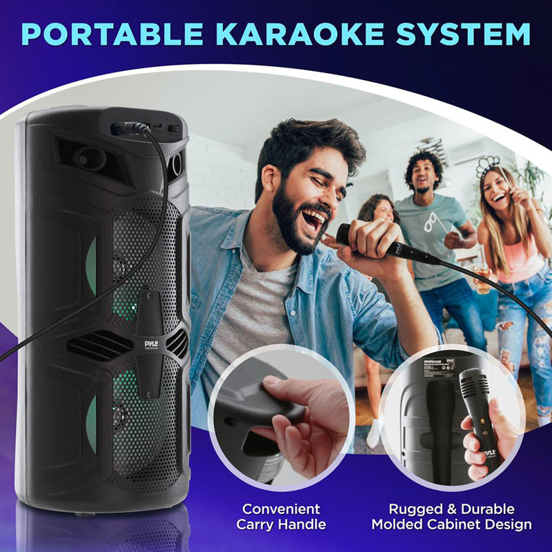 Pyle Bluetooth Rechargeable Party Lights Karaoke System w/ Wireless Mic (2 Pack)