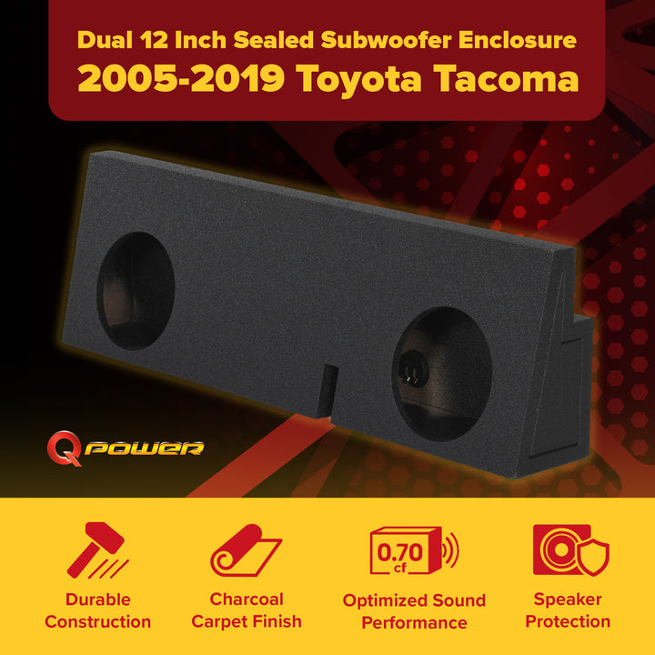 QPower Dual 12 Inch Sealed Subwoofer Box Enclosure for 2005-2019 Toyota Tacoma - VMInnovations