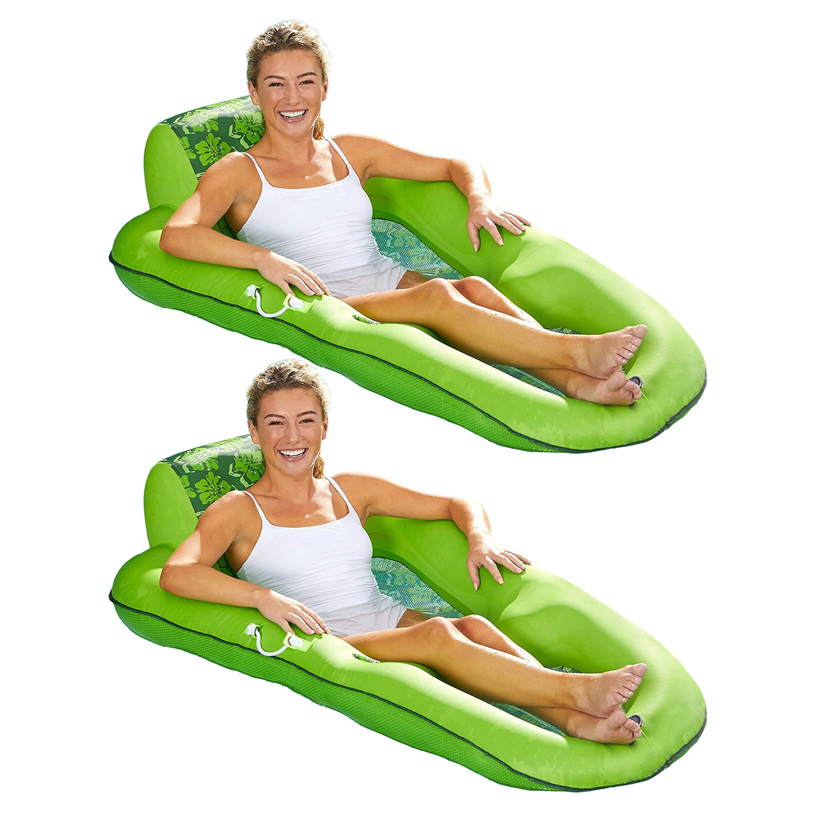 Aqua Leisure Luxury Water Recliner Pool Floats w/ Headrest, Lime Floral (2 Pack) - VMInnovations