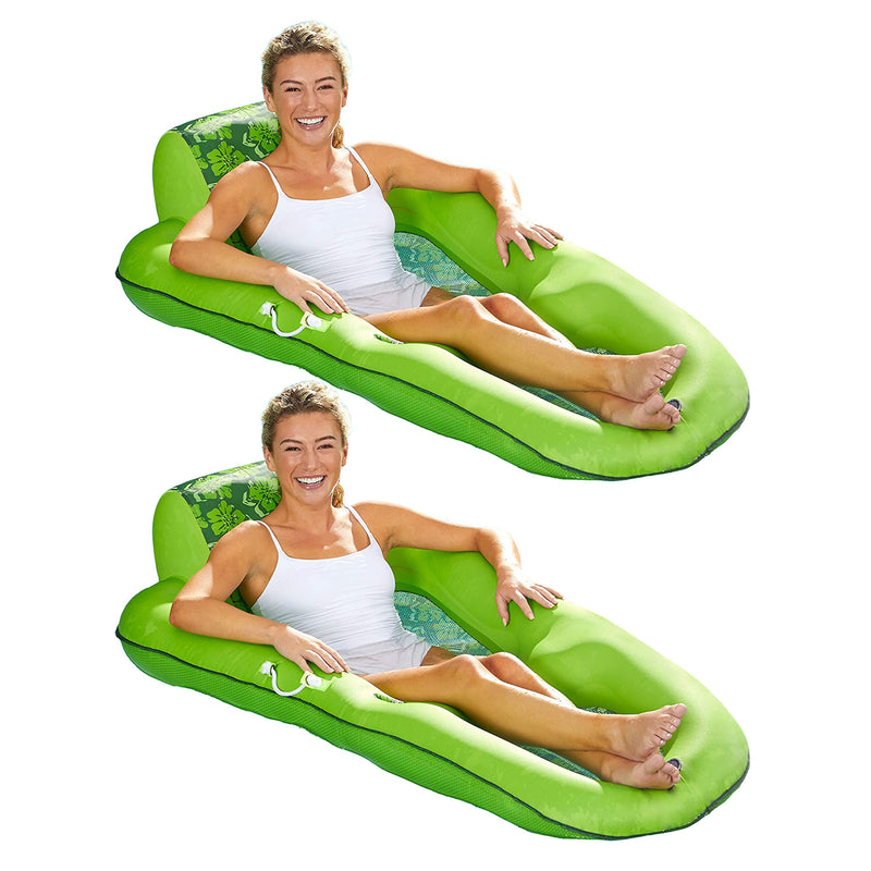 Aqua Leisure Luxury Water Recliner Pool Floats w/ Headrest, Lime Floral (2 Pack)