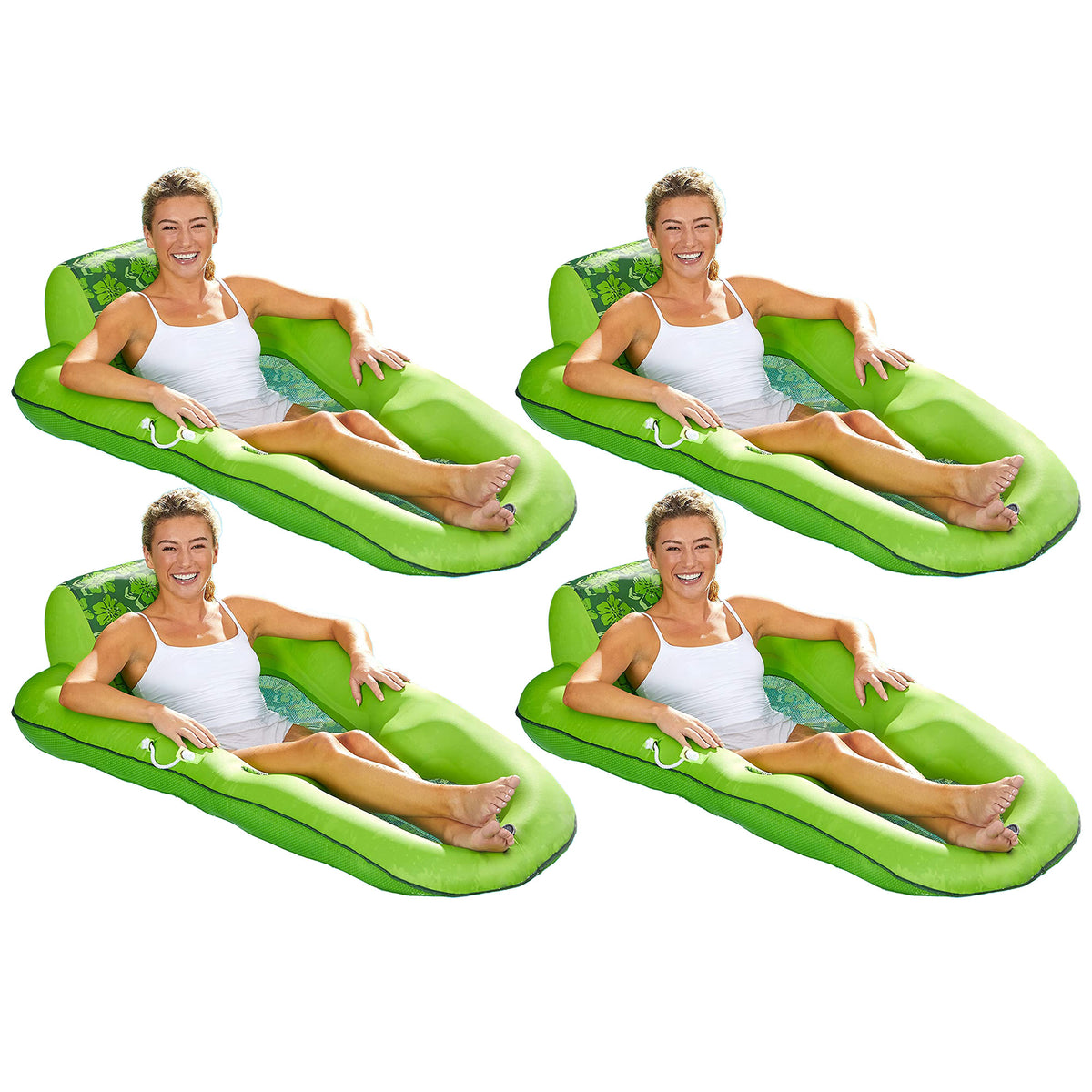 Aqua Leisure Luxury Water Recliner Pool Floats w/ Headrest, Lime Floral (4 Pack)