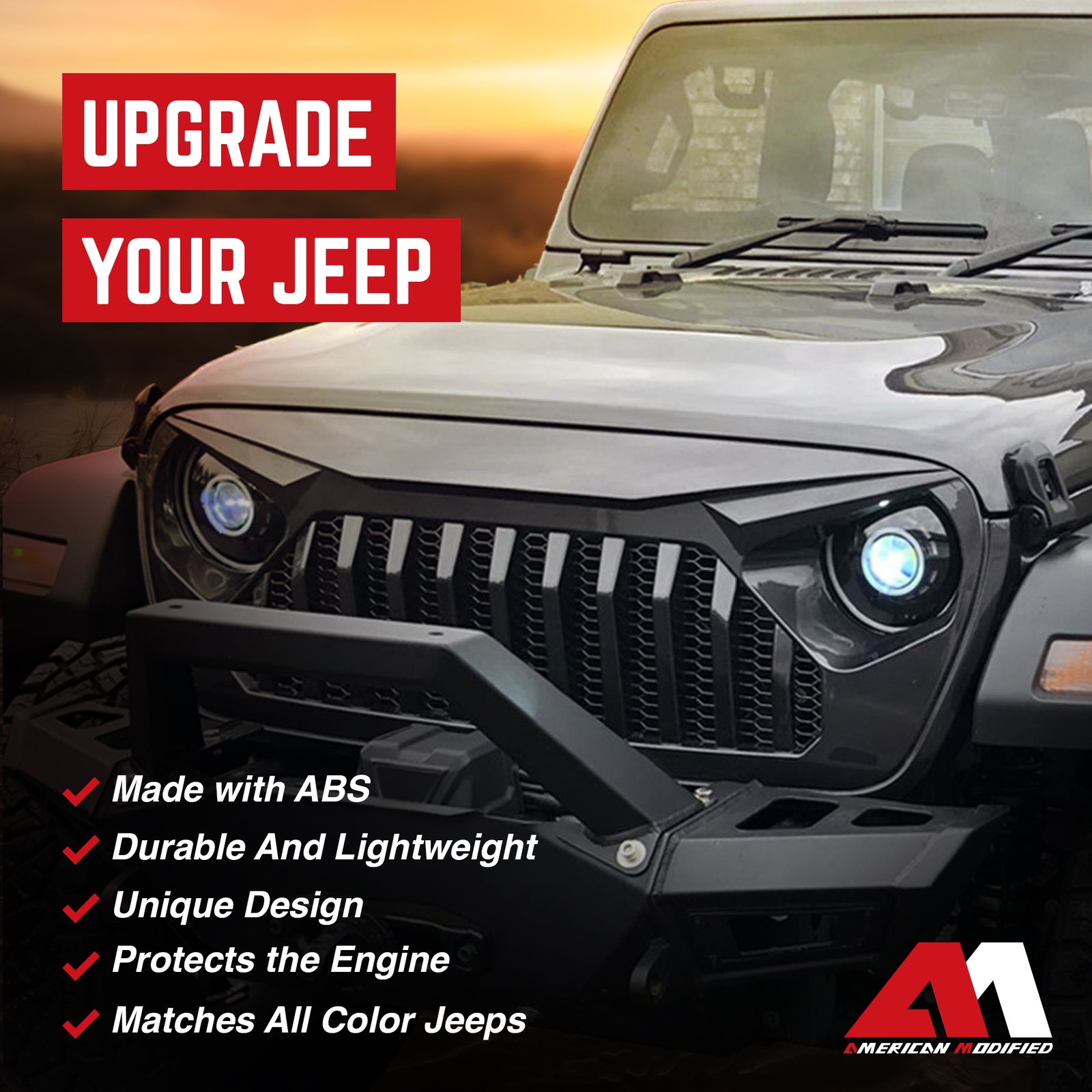 AMERICAN MODIFIED Front Mesh Grille for 2018+ Jeep Wrangler JL & Gladiator JT - VMInnovations