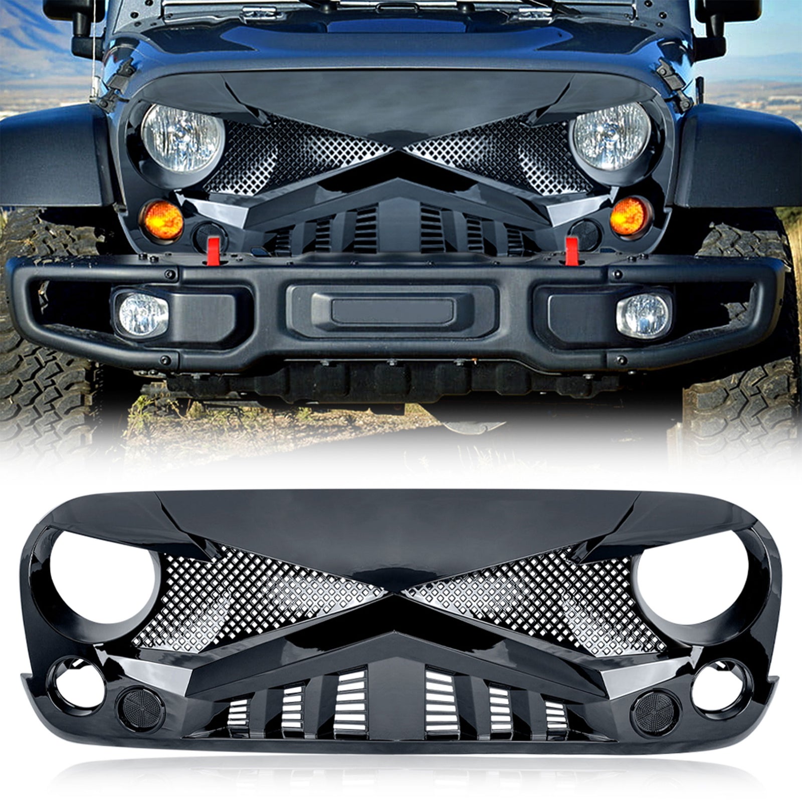 American Modified Front Hawke Grille for 2007-2018 Jeep Wrangler, Glossy Black - VMInnovations