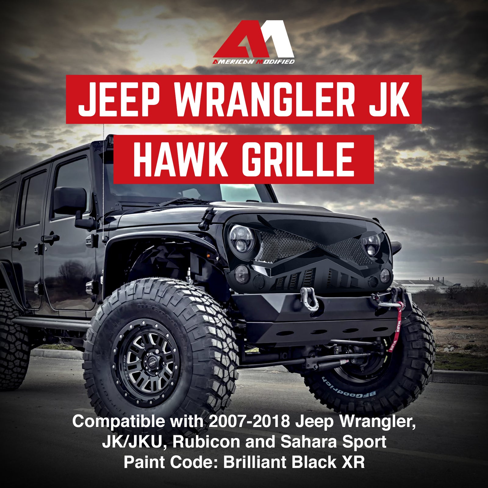 American Modified Front Hawke Grille for 2007-2018 Jeep Wrangler, Glossy Black - VMInnovations