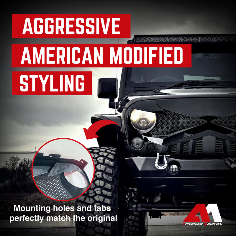 American Modified Front Hawke Grille for 2007-2018 Jeep Wrangler, Glossy Black