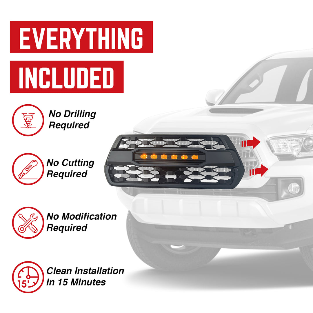 AMERICAN MODIFIED Pro Style Grille w/ Off Road Lights for 2016-23 Tacoma, Black - VMInnovations