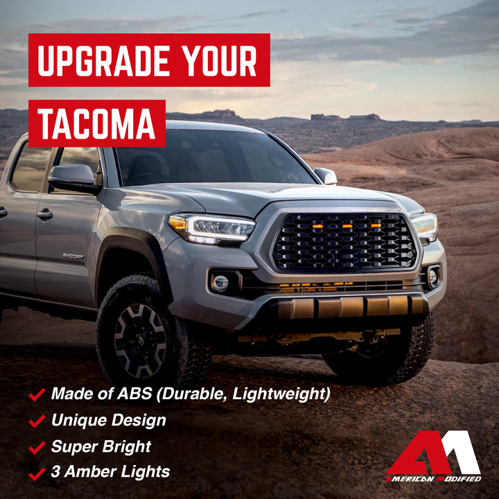 AMERICAN MODIFIED Mesh Grille w/ Amber Lights for 2016-2023 Tacoma, Matte Black