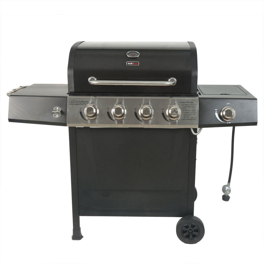 Grill Boss 4-Burner Gas Grill with Side Burner, Cover, Shelves, & Bottle Opener