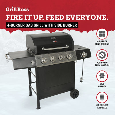 Grill Boss 4-Burner Gas Grill with Side Burner, Cover, Shelves, & Bottle Opener
