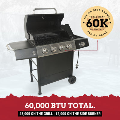 Grill Boss 4-Burner Gas Grill with Side Burner, Cover, Shelves, & Bottle Opener