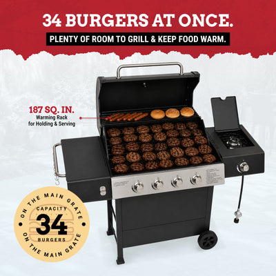 Grill Boss 4-Burner Gas Grill with Side Burner, Cover, Shelves, & Bottle Opener