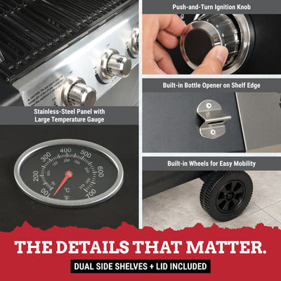Grill Boss 4-Burner Gas Grill with Side Burner, Cover, Shelves, & Bottle Opener