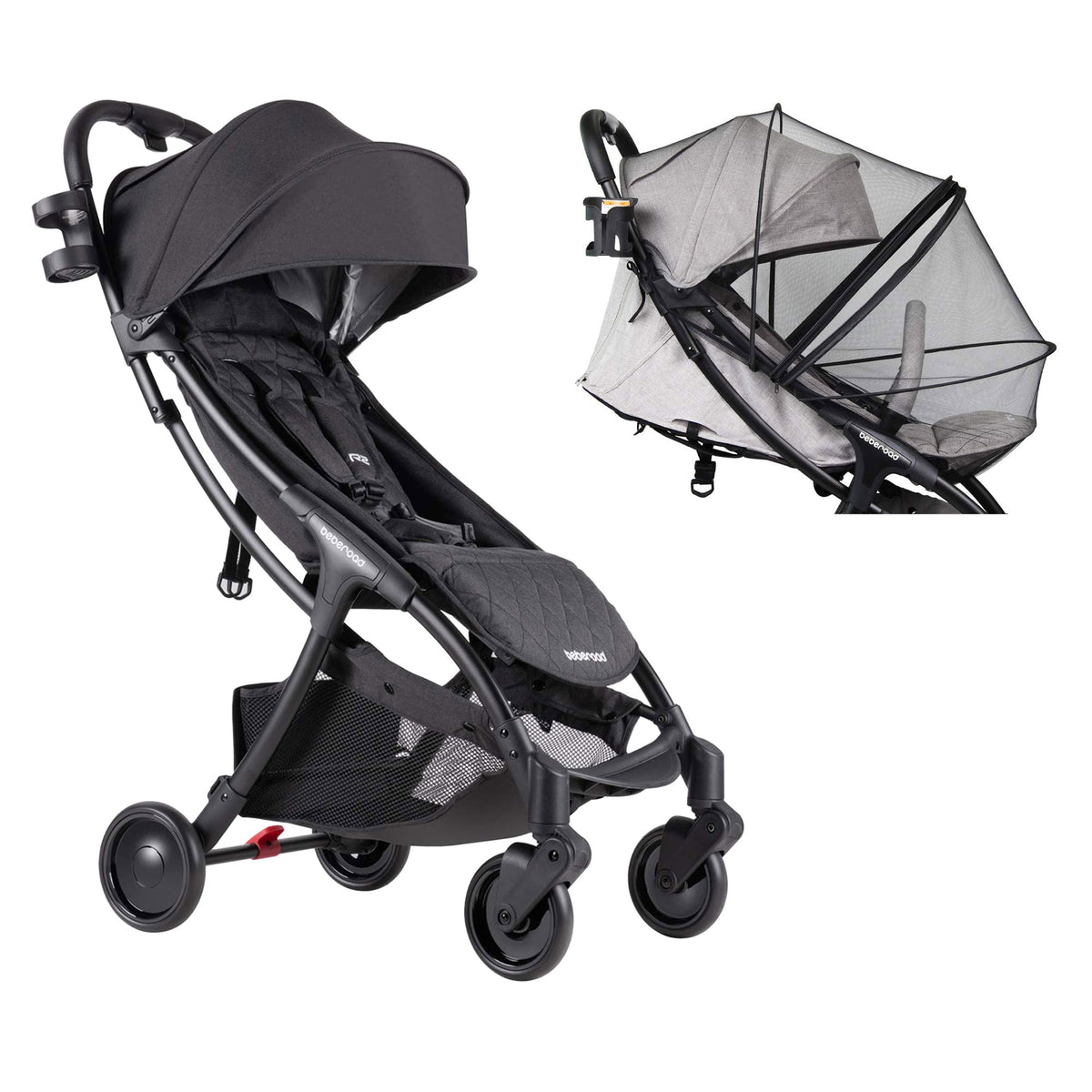 Beberoad Universal Mosquito Net, Black & R2 Ultra Lightweight Stroller, Black