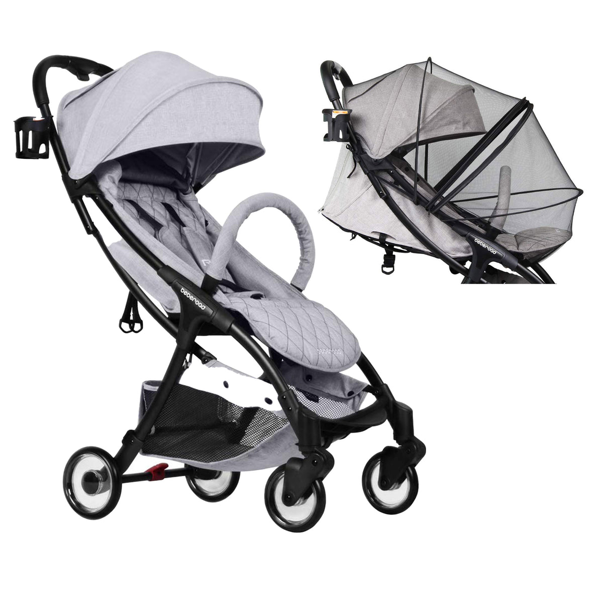 Beberoad Universal Mosquito Net, Black & Ultra Lightweight Stroller, Light Grey