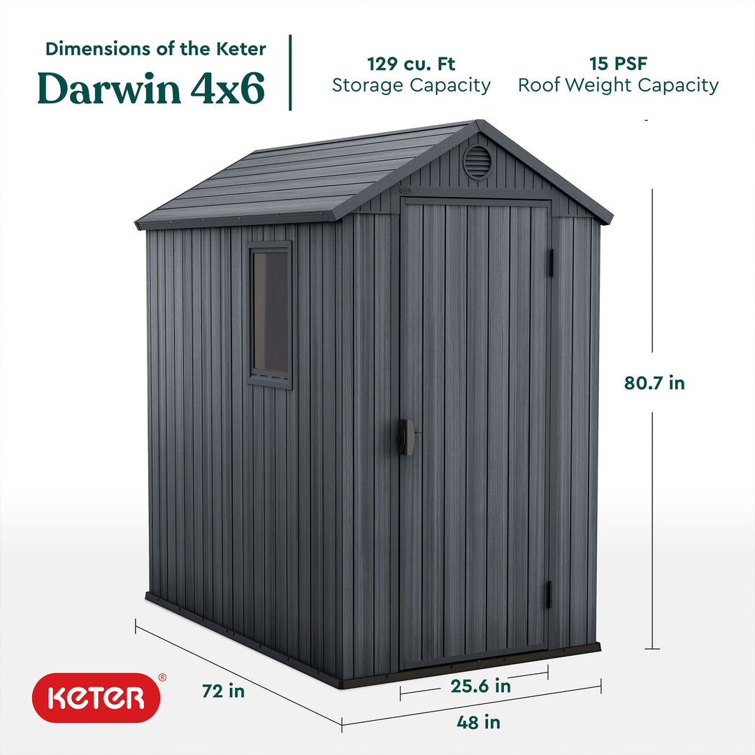 Keter Darwin 4' x 6' Outdoor Garden Tool Storage Shed w/Window, Graphite (Used)