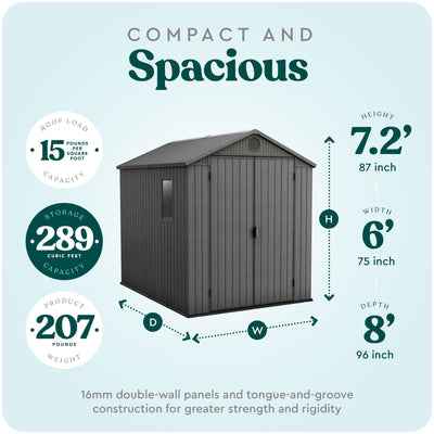 Keter Darwin 6 Foot x 8 Foot Outdoor Garden Tool Storage Shed, Gray (Open Box)