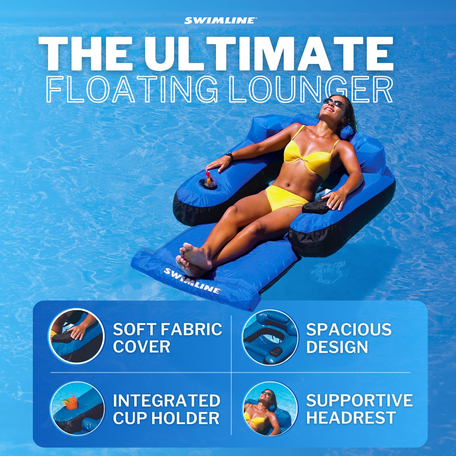 Swimline Inflatable Durable Fabric Swimming Pool Floating Lounger Chair, Blue - VMInnovations
