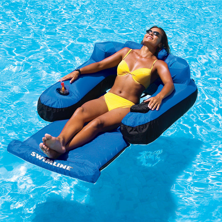 Swimline Inflatable Durable Fabric Swimming Pool Floating Lounger Chair, Blue