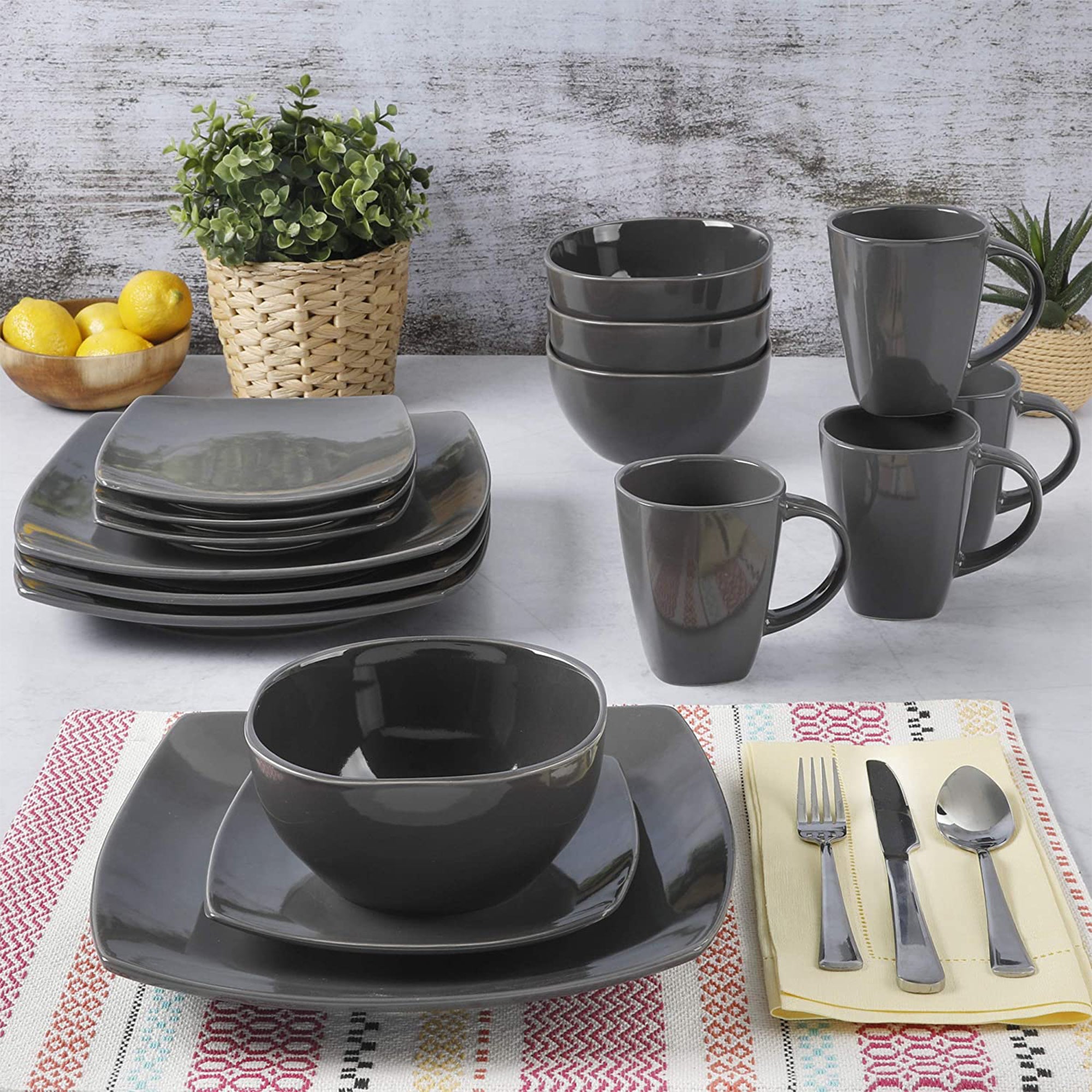 Gibson Soho Lounge Square Reactive Glaze Stoneware 16 Piece Dinnerware Set, Gray