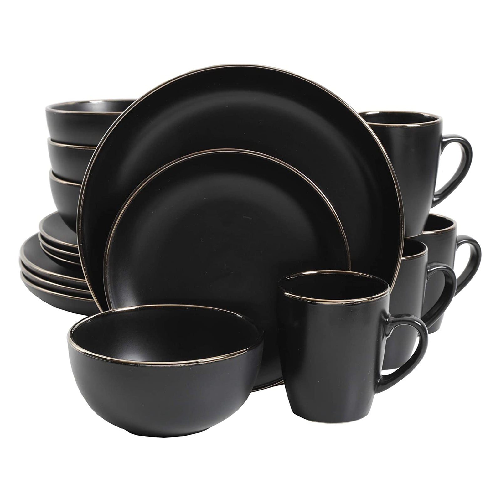 Gibson Home Rockaway Round Stoneware Dinnerware, Set of 16, Black with Gold Rim - VMInnovations