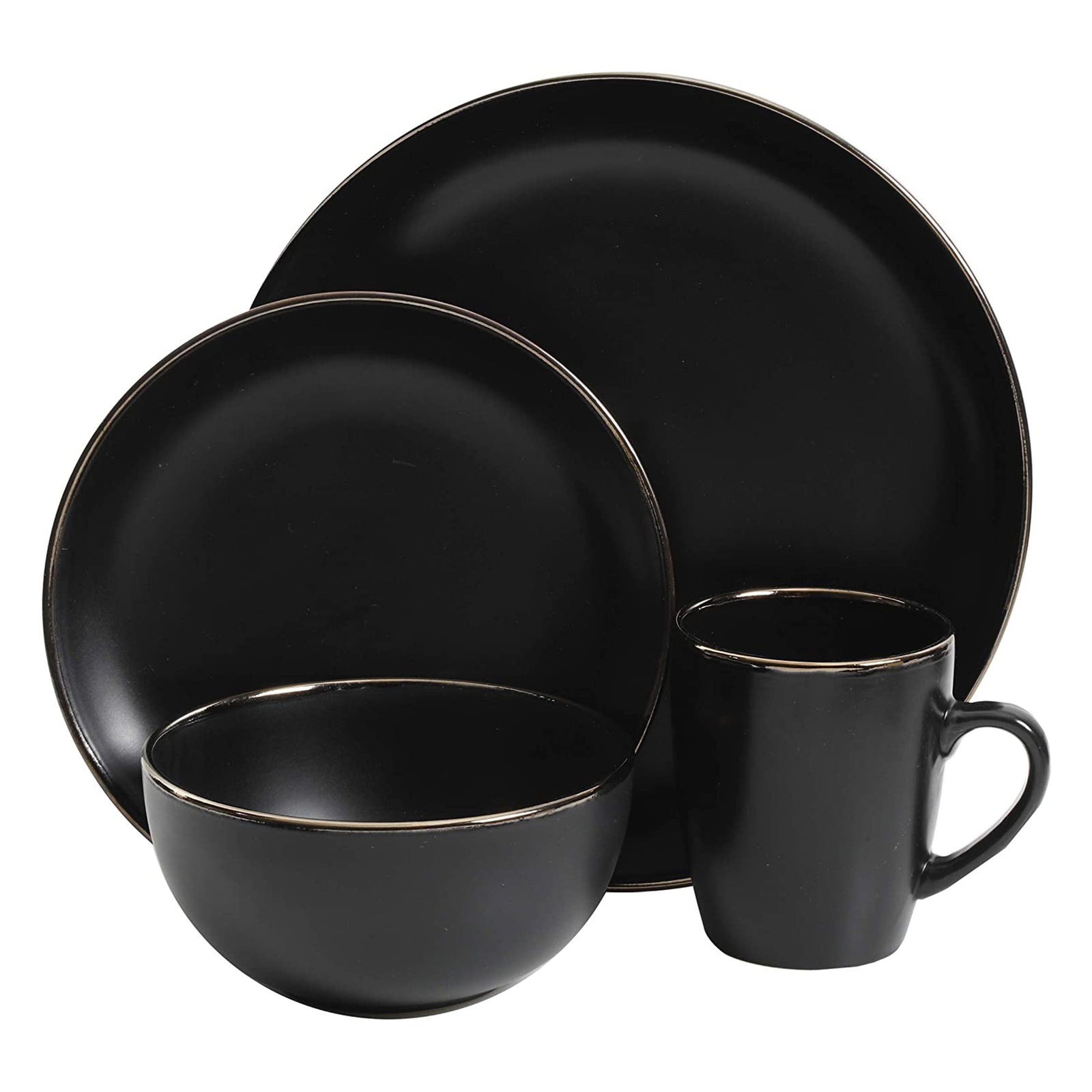Gibson Home Rockaway Round Stoneware Dinnerware, Set of 16, Black with Gold Rim - VMInnovations