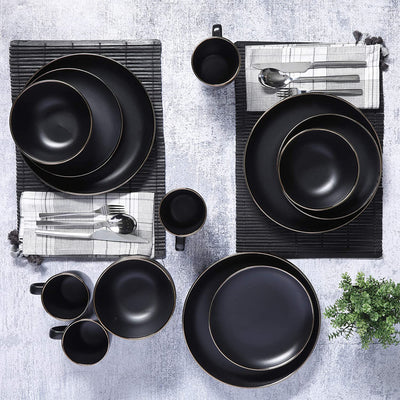 Gibson Home Rockaway Round Stoneware Dinnerware, Set of 16, Black with Gold Rim - VMInnovations