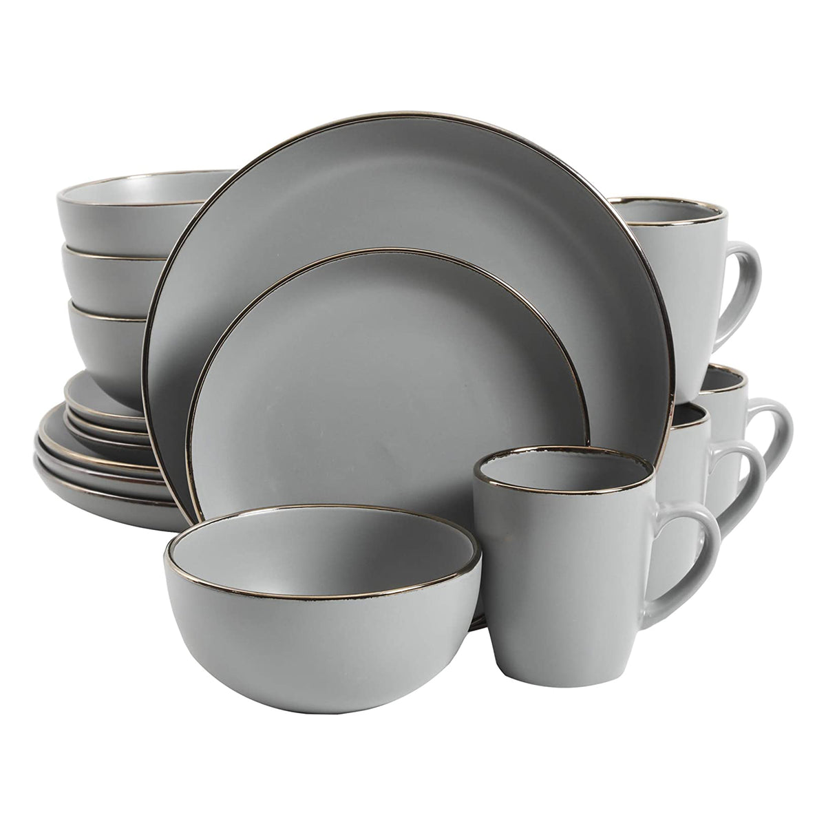 Gibson Home Rockaway Stoneware Dinnerware, Service for 4 Grey/Gold Rim(Open Box)