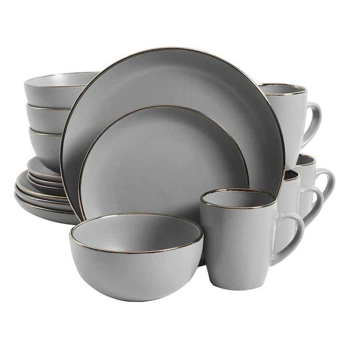 Gibson Home Rockaway Stoneware Dinnerware, Service for 4, Grey w/Gold Rim (Used)