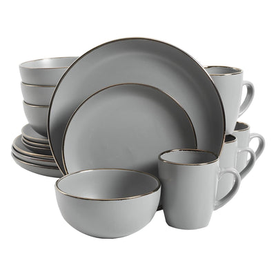 Gibson Home Rockaway Round Stoneware Dinnerware, Service for 4, Grey w/ Gold Rim