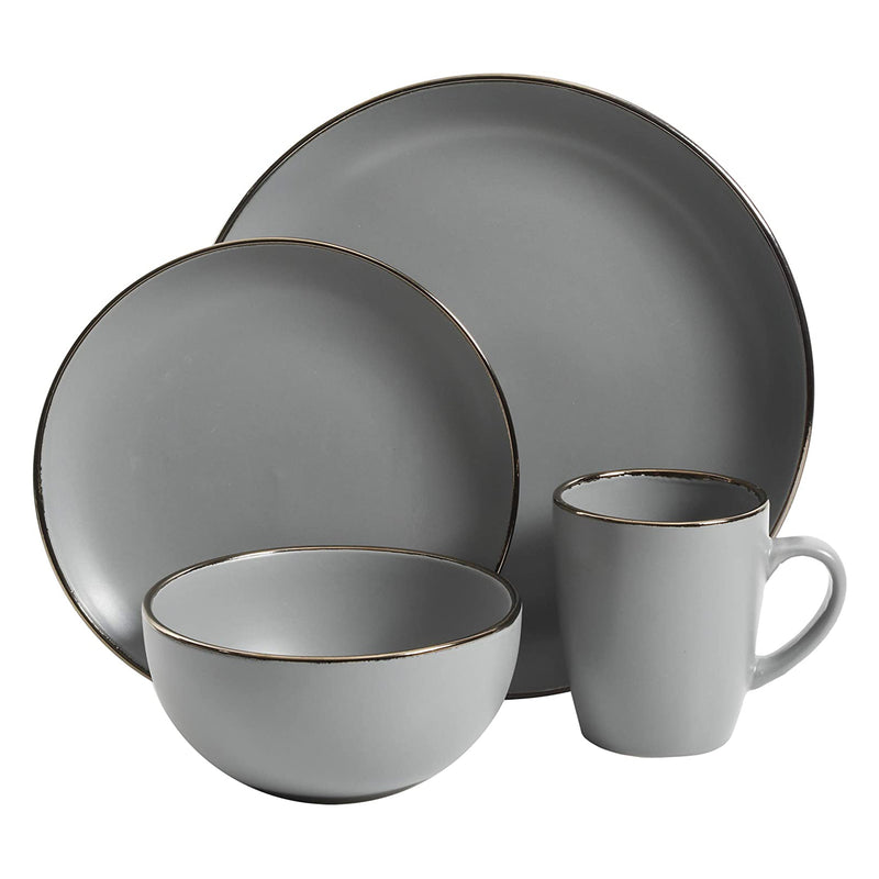 Gibson Home Rockaway Round Stoneware Dinnerware, Service for 4, Grey w/ Gold Rim