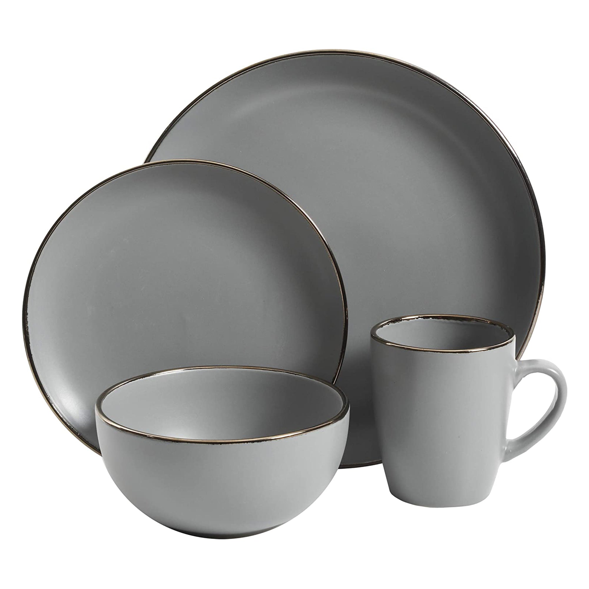 Gibson Home Rockaway Stoneware Dinnerware, Service for 4 Grey/Gold Rim(Open Box)