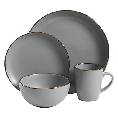 Gibson Home Rockaway Stoneware Dinnerware, Service for 4 Grey/Gold Rim(Open Box)