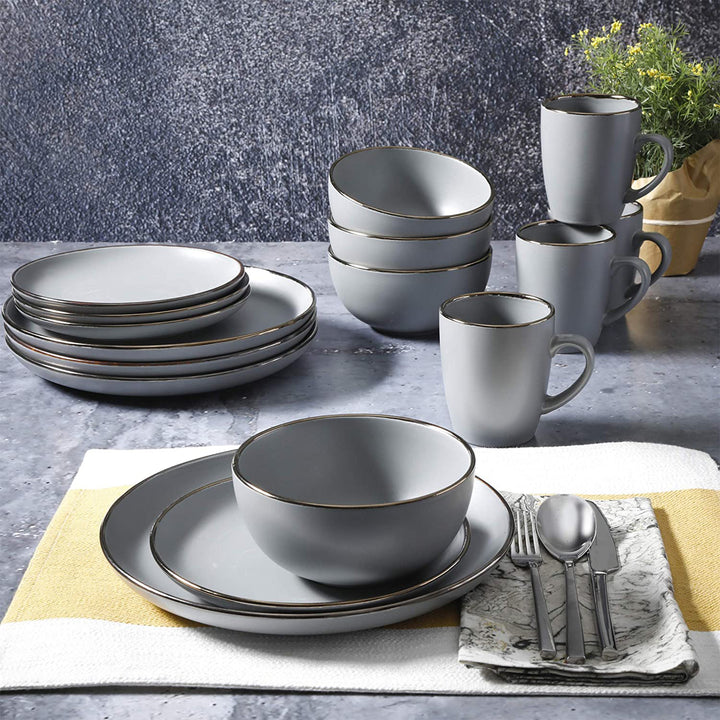 Gibson Home Rockaway Round Stoneware Dinnerware, Service for 4, Grey w/ Gold Rim