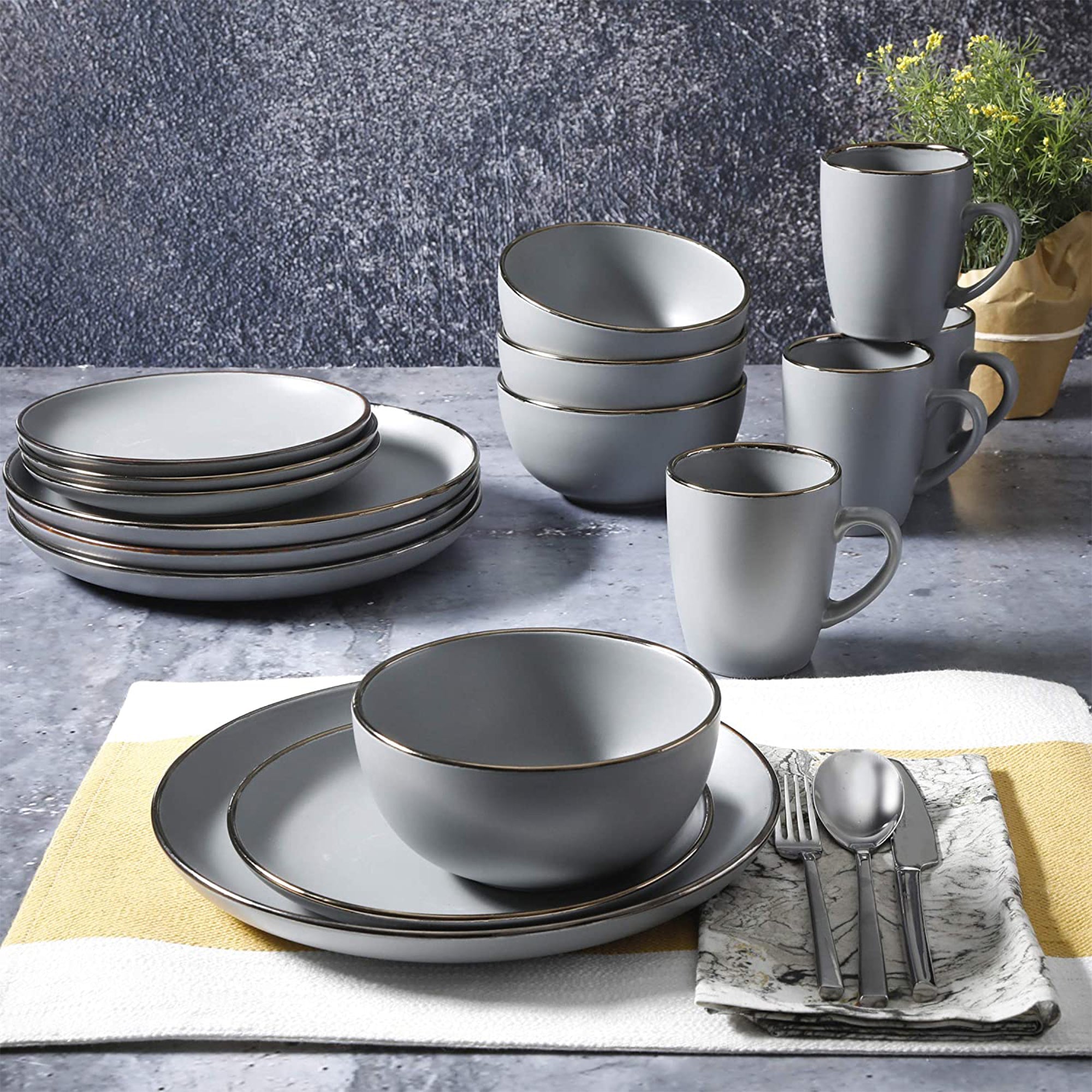 Gibson Home Rockaway Stoneware Dinnerware, Service for 4 Grey/Gold Rim(Open Box)
