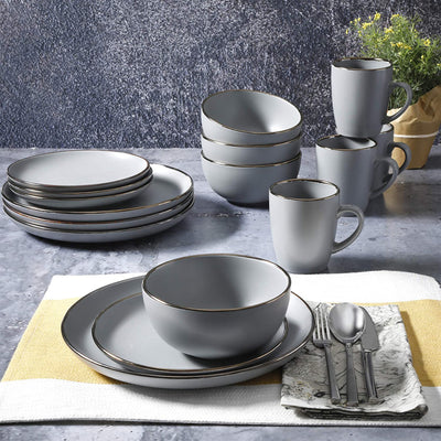Gibson Home Rockaway Stoneware Dinnerware, Service for 4 Grey/Gold Rim(Open Box)