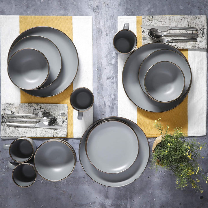 Gibson Home Rockaway Round Stoneware Dinnerware, Service for 4, Grey w/ Gold Rim