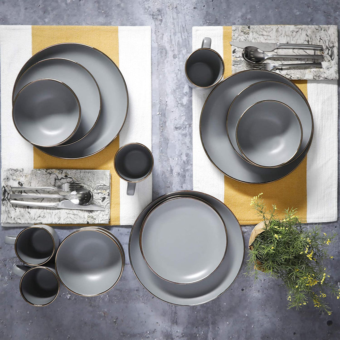 Gibson Home Rockaway Stoneware Dinnerware, Service for 4 Grey/Gold Rim(Open Box) - VMInnovations