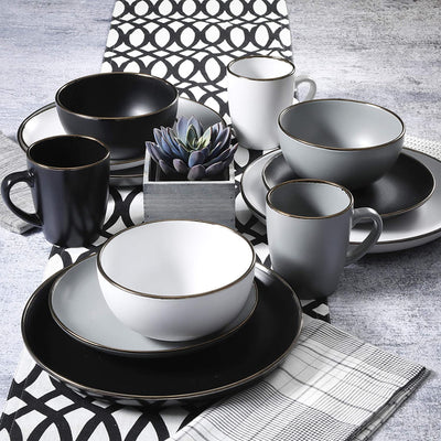 Gibson Home Rockaway Stoneware Dinnerware, Service for 4 Grey/Gold Rim(Open Box)