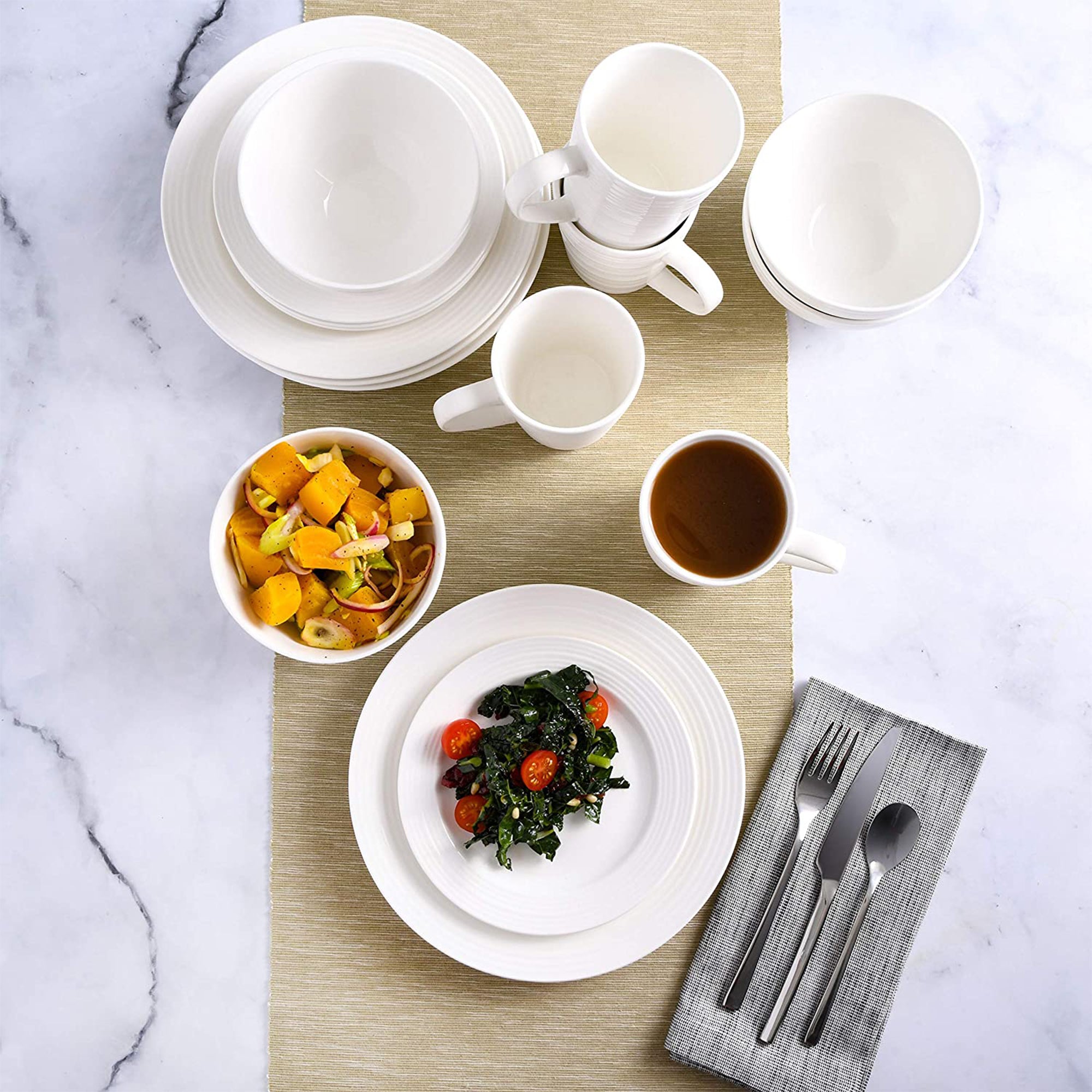 Gibson Home Amelia Court 16 Piece Dinnerware Set with White Embossed Porcelain - VMInnovations