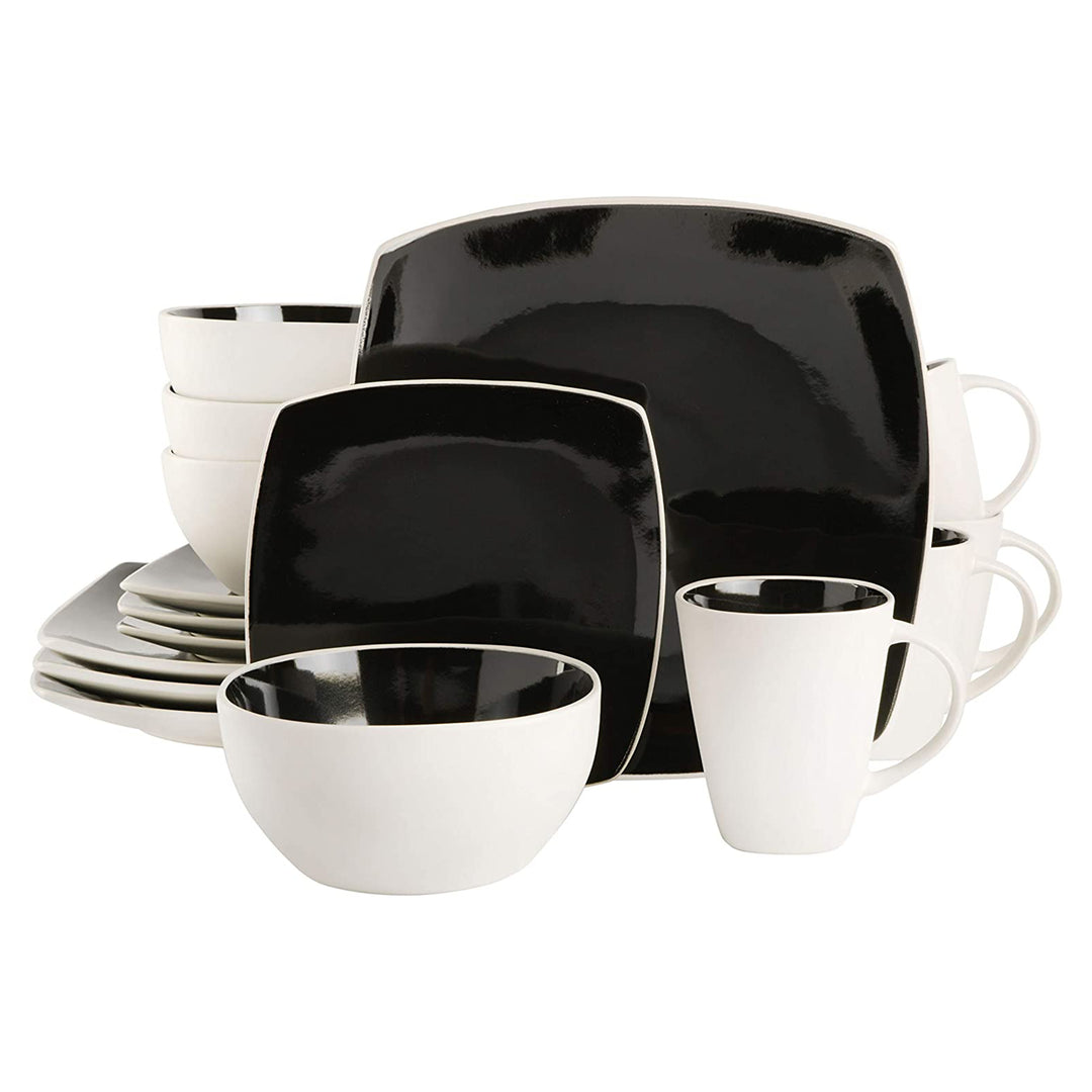 Gibson Soho Lounge Square Glazed Stoneware 16 Piece Dinnerware Set, Black/White